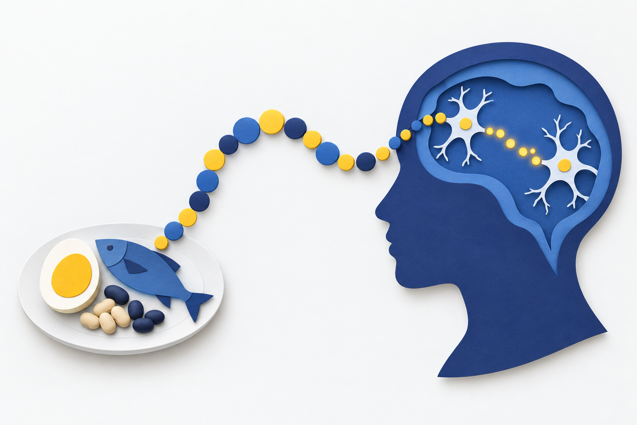 Paper-cut illustration of a chain of blue and gold beads flowing from a plate of food into the profile of a head, where the beads turn into sparks between two nerve cells.