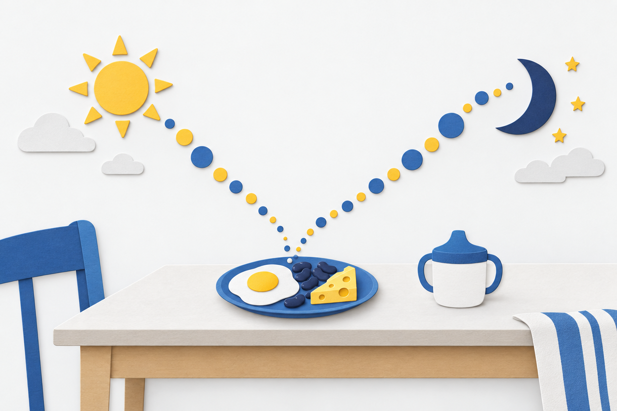 Paper-cut illustration of a small plate of food on a table with a chain of paper beads rising from it toward a paper sun and crescent moon.