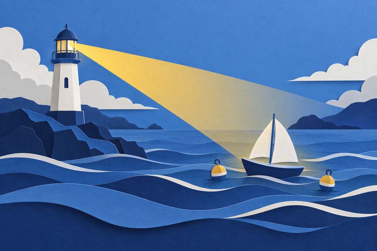 A paper-cut scene of a small boat on choppy water guided by a lighthouse beam, with two small buoys floating nearby.