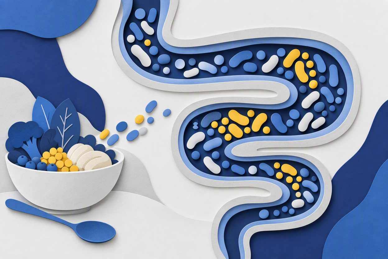 A layered paper-cut cross-section of a winding intestine dotted with small rounded shapes that stand for gut bacteria, with a simple bowl and spoon set beside it.