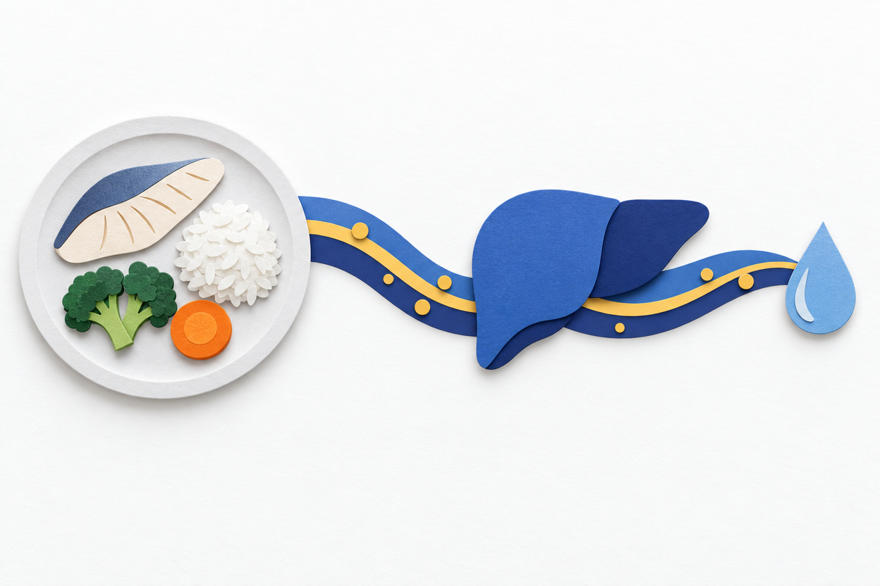 Paper-cut illustration of a plate of food with a paper ribbon flowing past a liver shape to a water droplet.