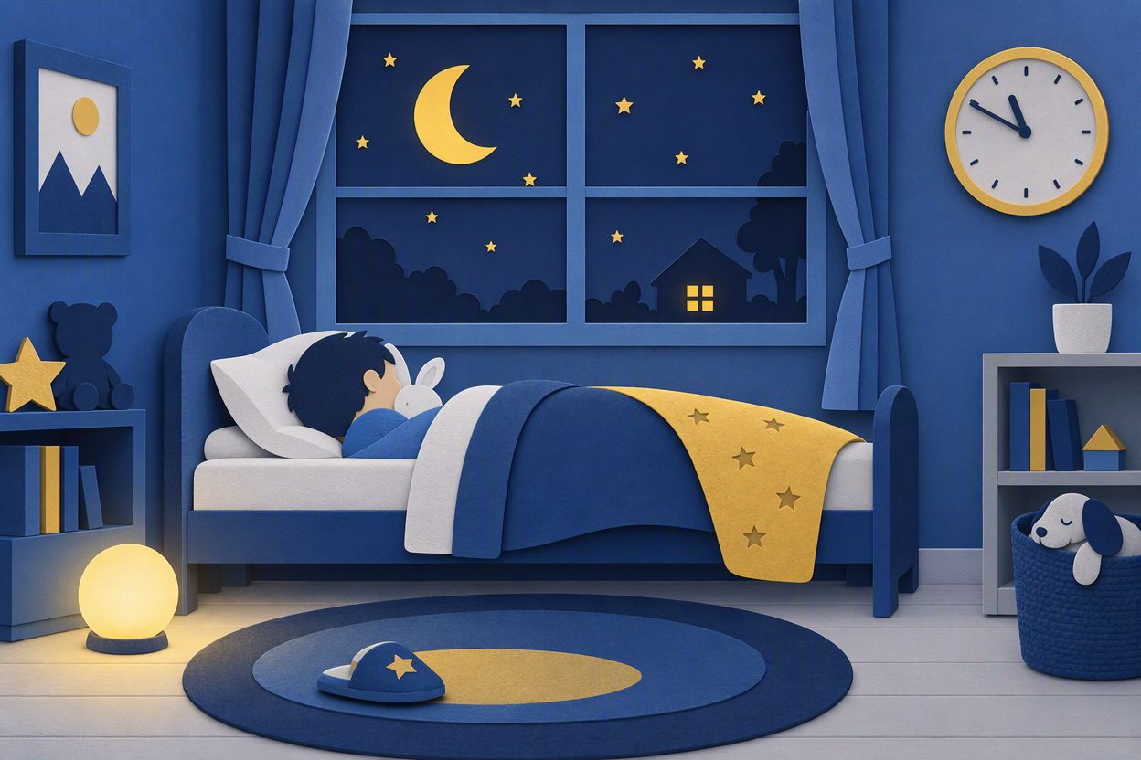 A layered paper-cut scene of a child's dark bedroom at night, with a crescent moon in the window and a wall clock showing a late hour.