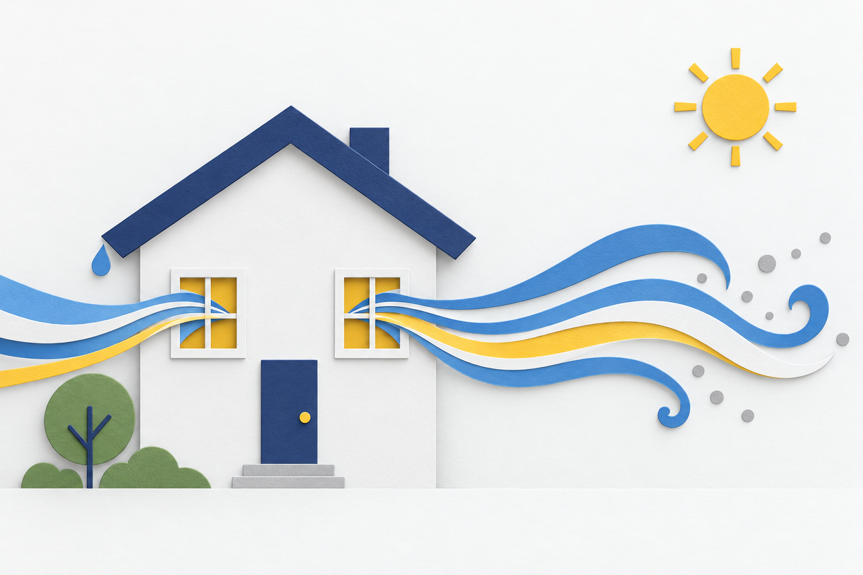 Paper-cut illustration of a house with fresh air flowing through open windows and a water droplet on the roof.