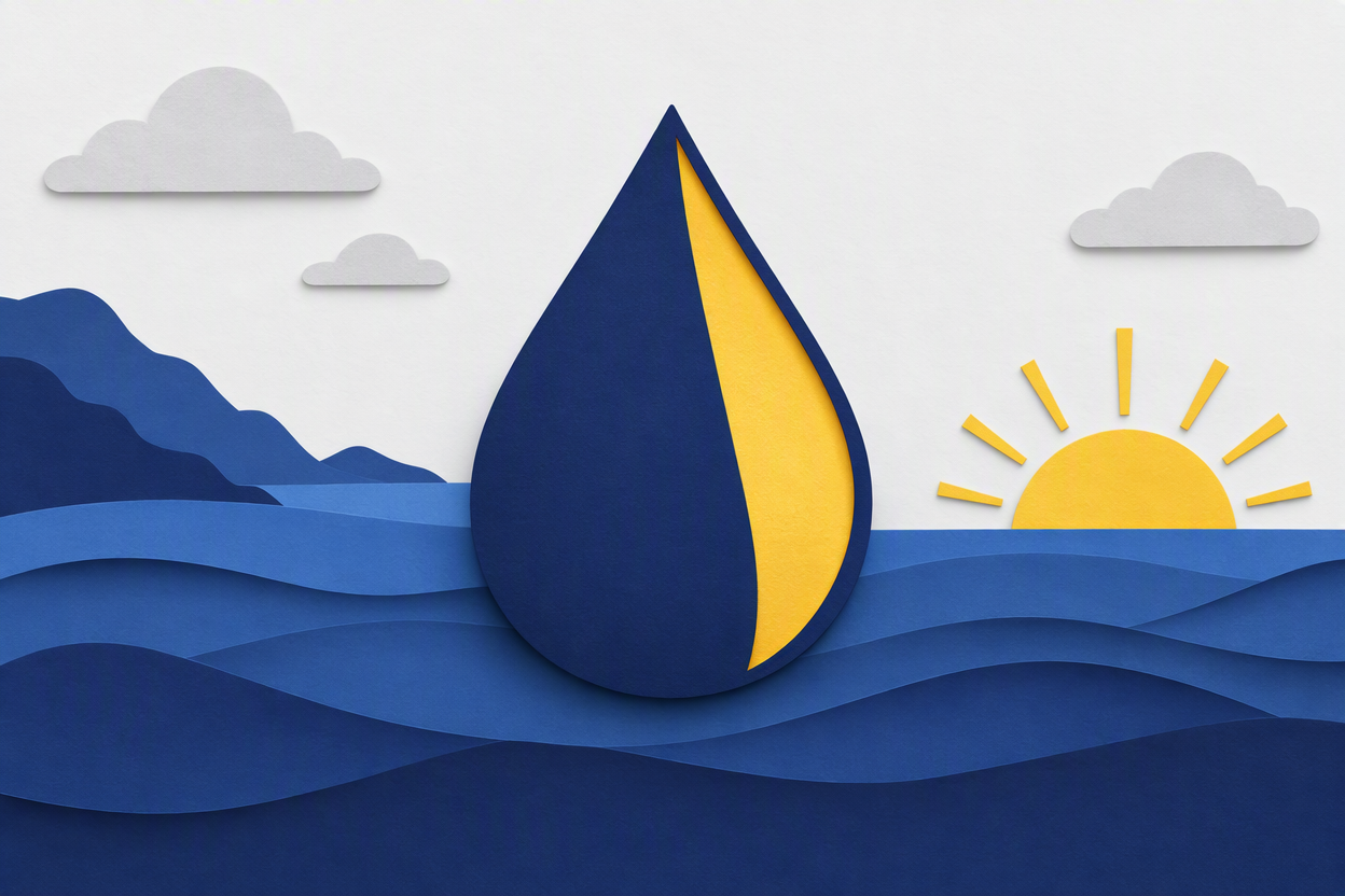 A layered paper-cut scene of a single oil droplet with one glowing gold segment, beside a low gold sun over calm blue water.