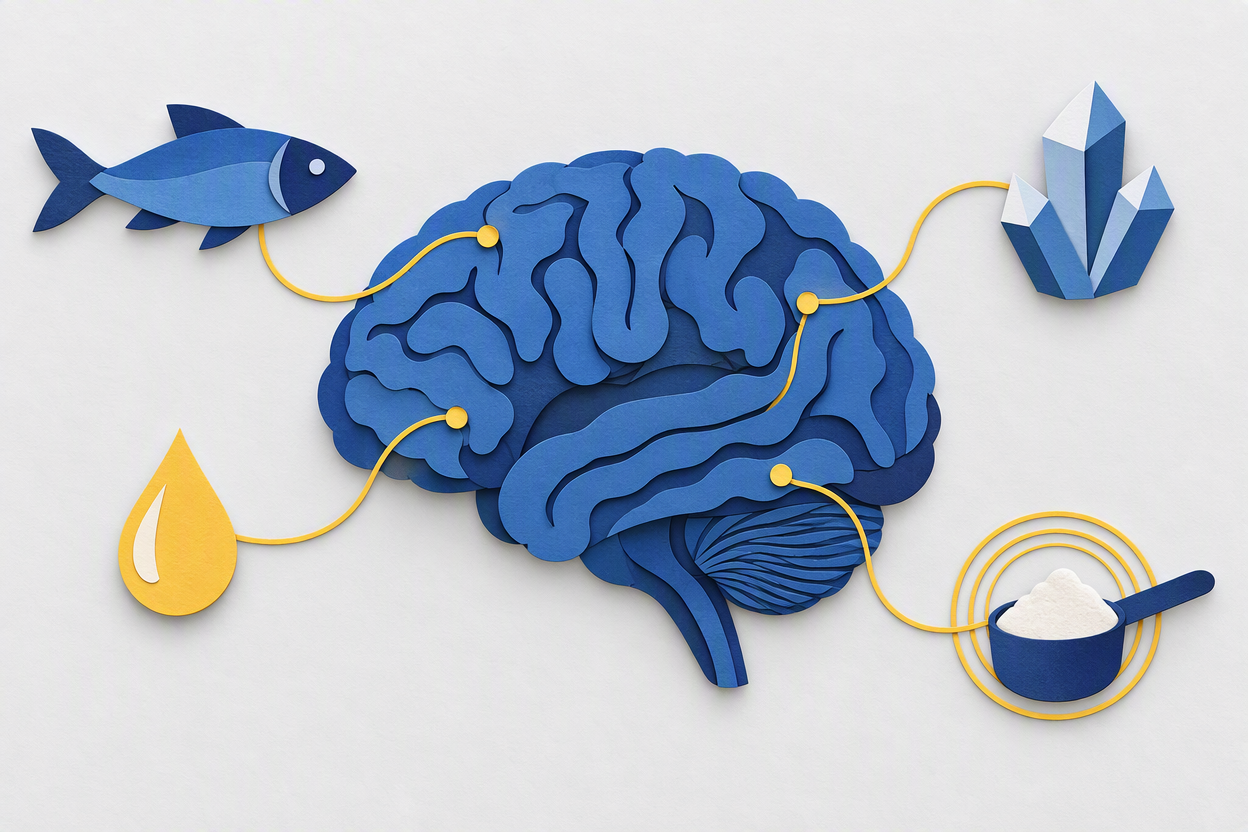 A layered paper-cut illustration of a stylized brain in profile beside a small fish, a single droplet and a mineral crystal, standing for the nutrients in the attention studies.