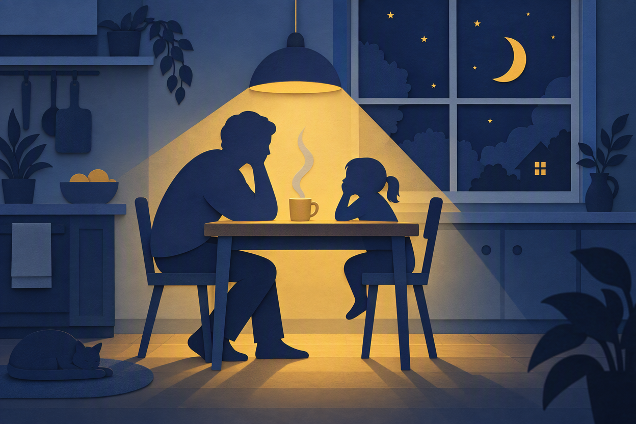 A paper-cut illustration of a caregiver and child sitting together at a kitchen table in a warm, dim evening, with a steaming mug and a crescent moon in the window.